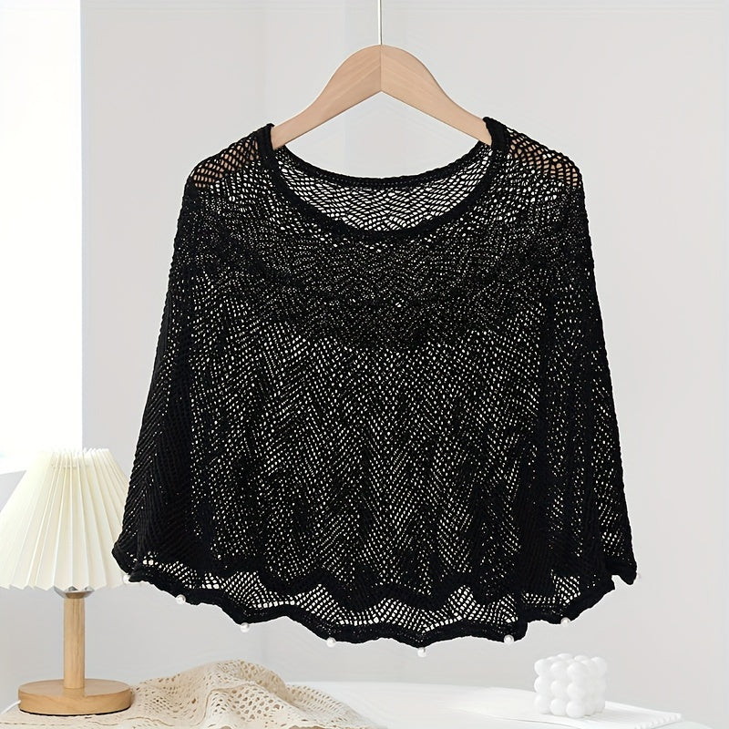 Faux Pearl Decor Shawl Solid Knitted Warm Wraps Wavy Cape for Women