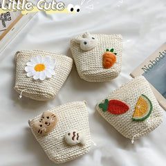 Kids Cartoon Straw Crossbody Bag with Zipper Coin Purse