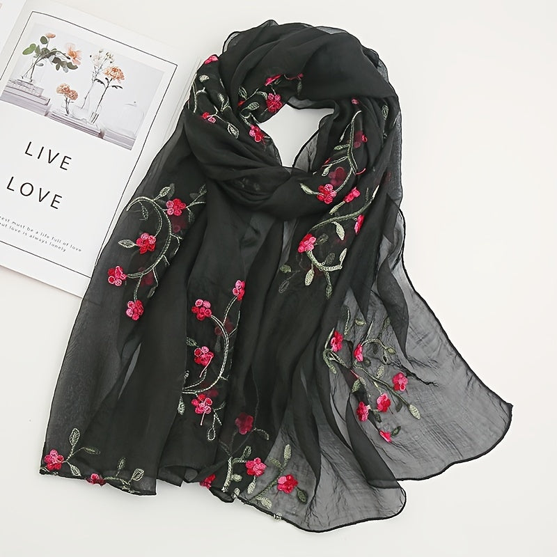 Chiffon Flower Embroidered Scarf Retro Beach Sunscreen Shawl