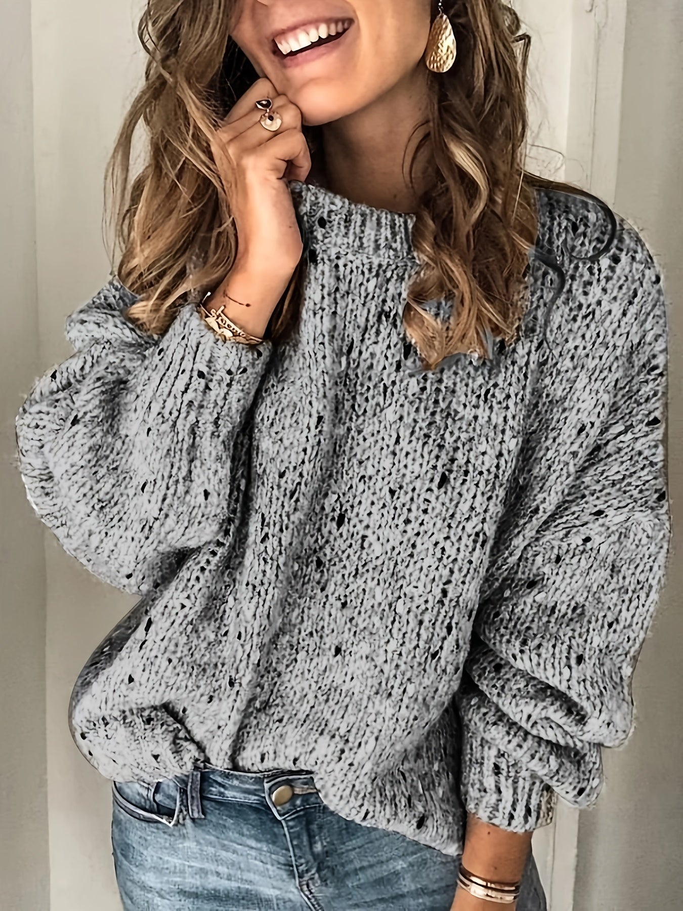 Casual Sweater Women's Plus Heathered Long Sleeve Round Neck Jumper