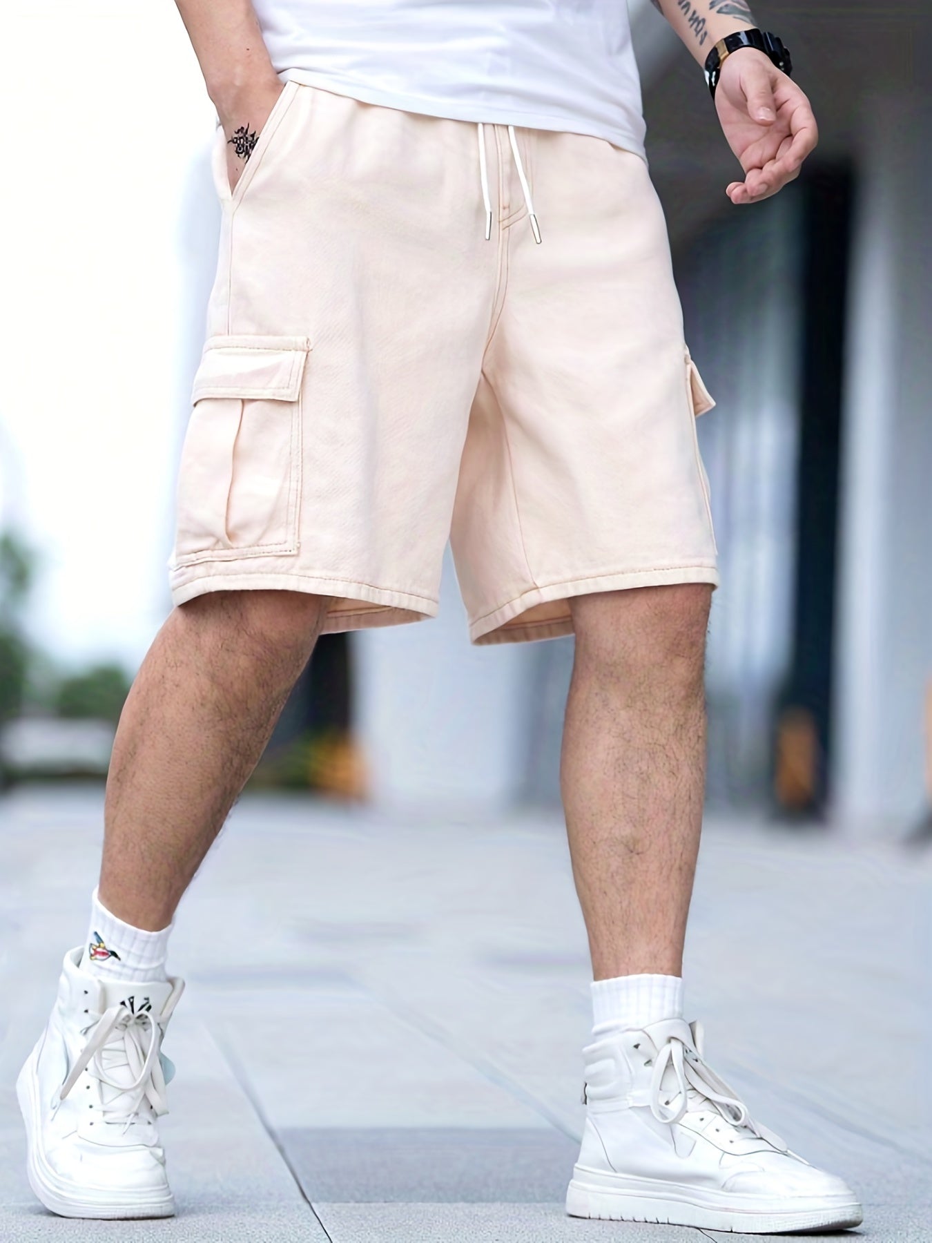 Men's Denim Cargo Shorts Drawstring Waist Casual Pocket Denim Shorts