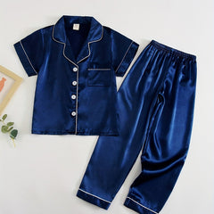 Kid's 2pcs Short Sleeve Pajama Set Solid Button Front Loungewear