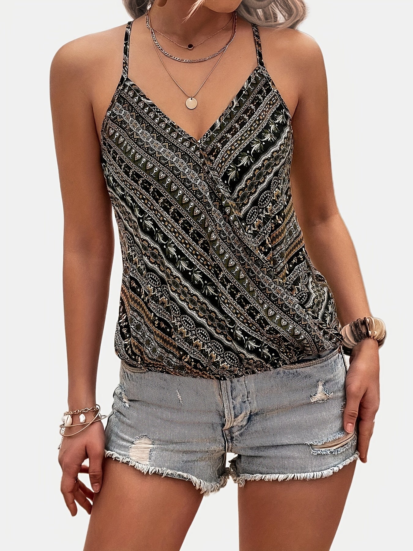 Ethnic Print V neck Cami Top Spaghetti Strap Casual Summer Women's Clothing