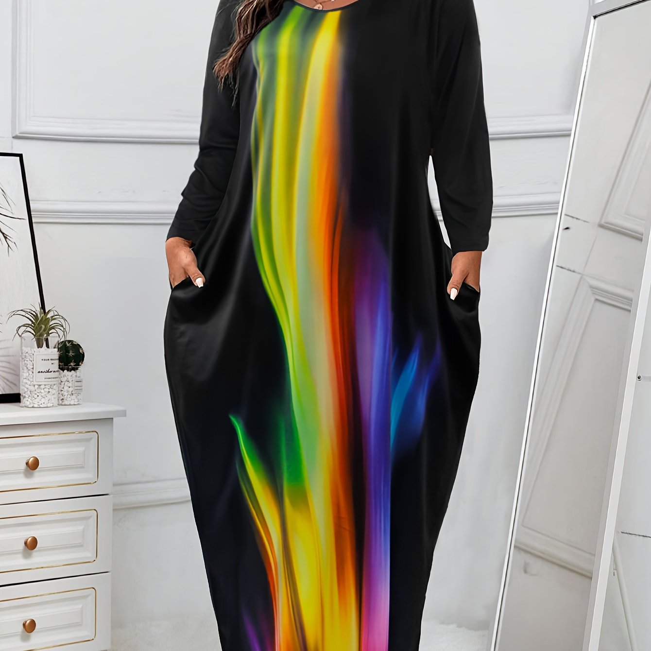 Women's Plus Ombre Long Sleeve Round Neck Maxi Dress