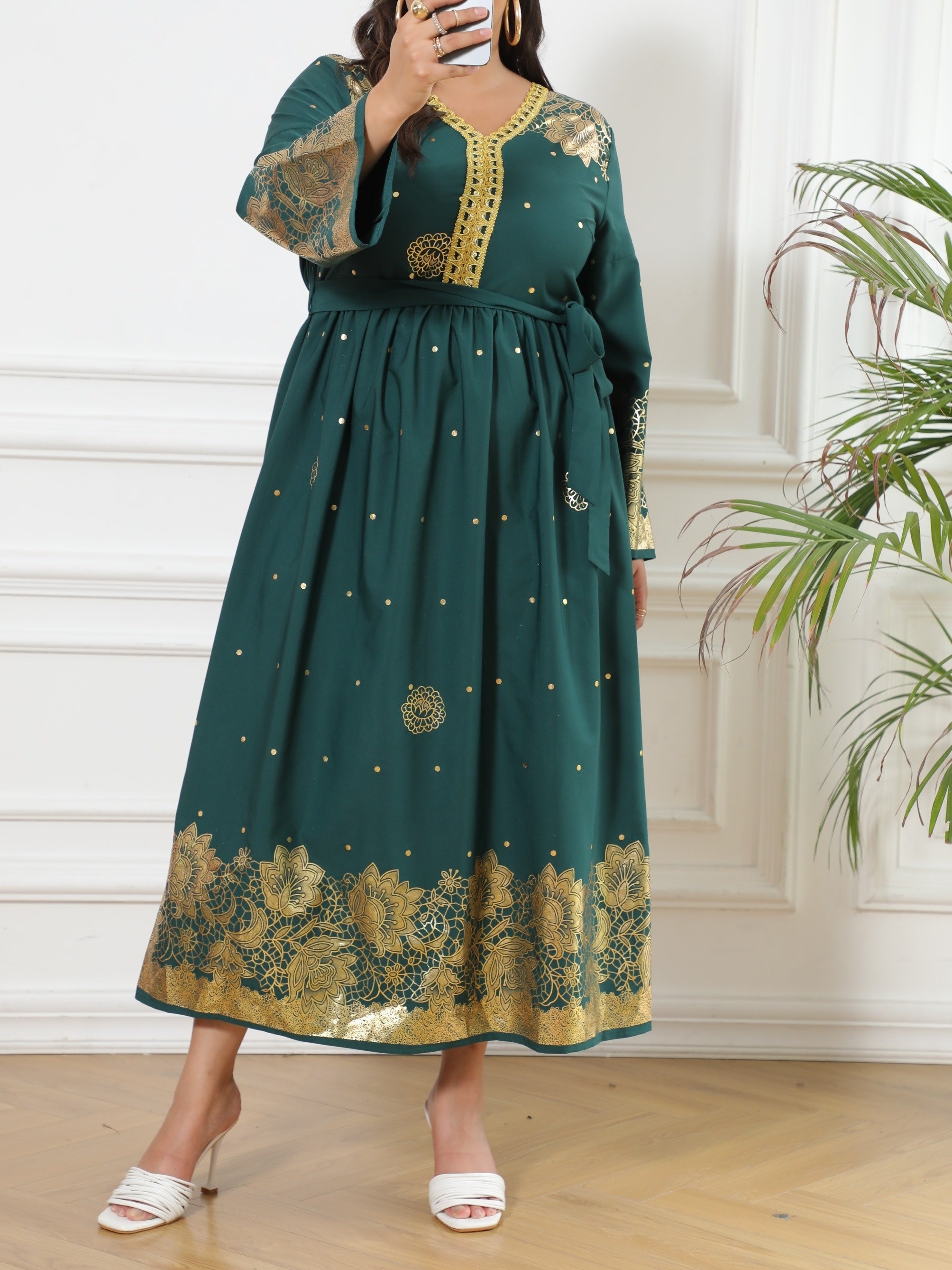 Abaya Dress Women's Plus Golden Floral Print Long Sleeve