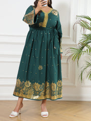 Abaya Dress Women's Plus Golden Floral Print Long Sleeve