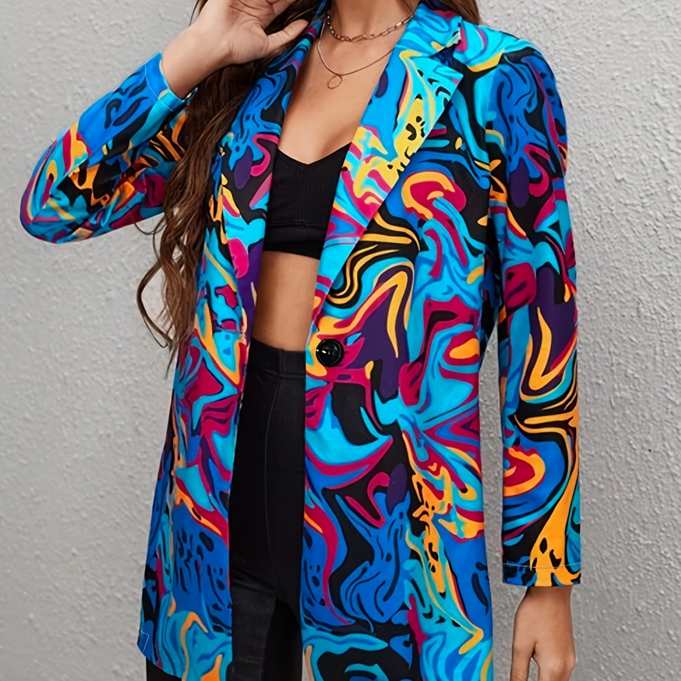 Abstract Print Button Front Blazer Long Sleeve Blazer For Office