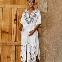 Plant Embroidered Cover Up Dress V Neck Loose Fit Short Sleeves