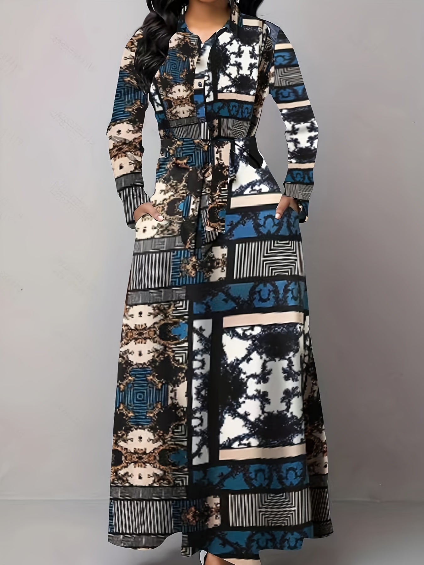 Geometric Print Button Up Maxi Shirt Dress