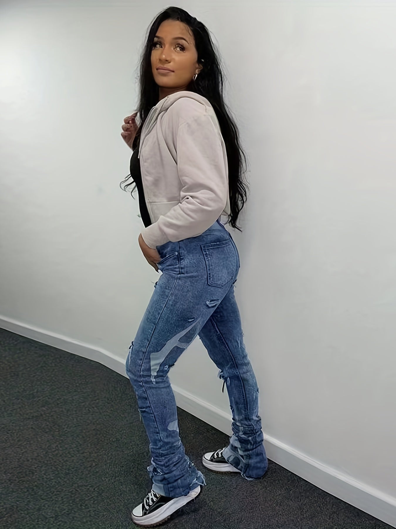 Long Denim Jeans Ripped Holes Distressed Pockets High Stretch Pants Women's