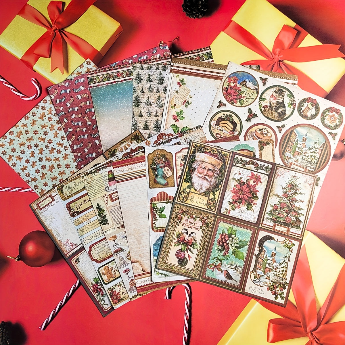 Vintage Merry Christmas Santa Claus Scrapbook Papers - 12pcs Pack