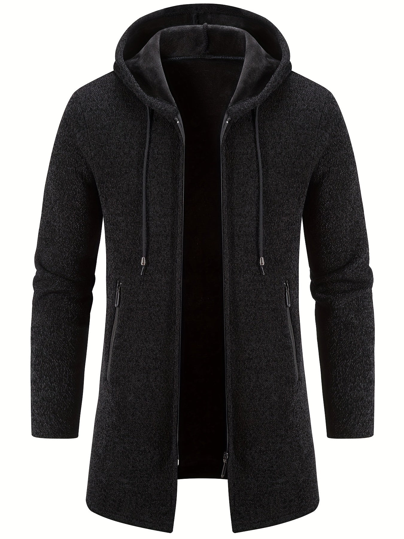 Men's Mid-Length Hooded Fleece Coat - Solid Zip-Up Cardigan