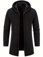Men's Mid-Length Hooded Fleece Coat - Solid Zip-Up Cardigan