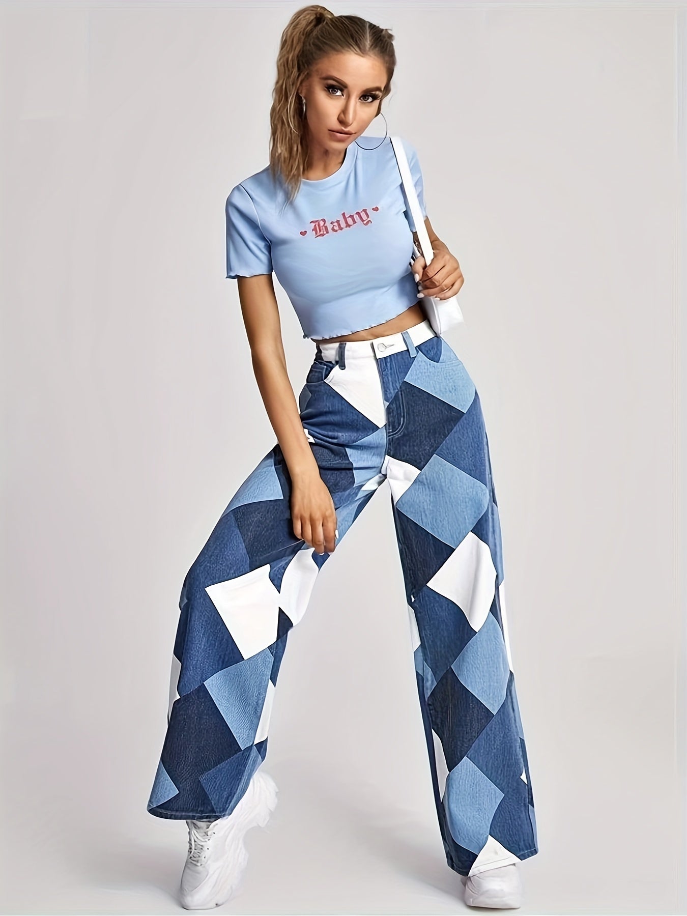 Geometric Print Straight Jeans Loose Fit Denim Pants