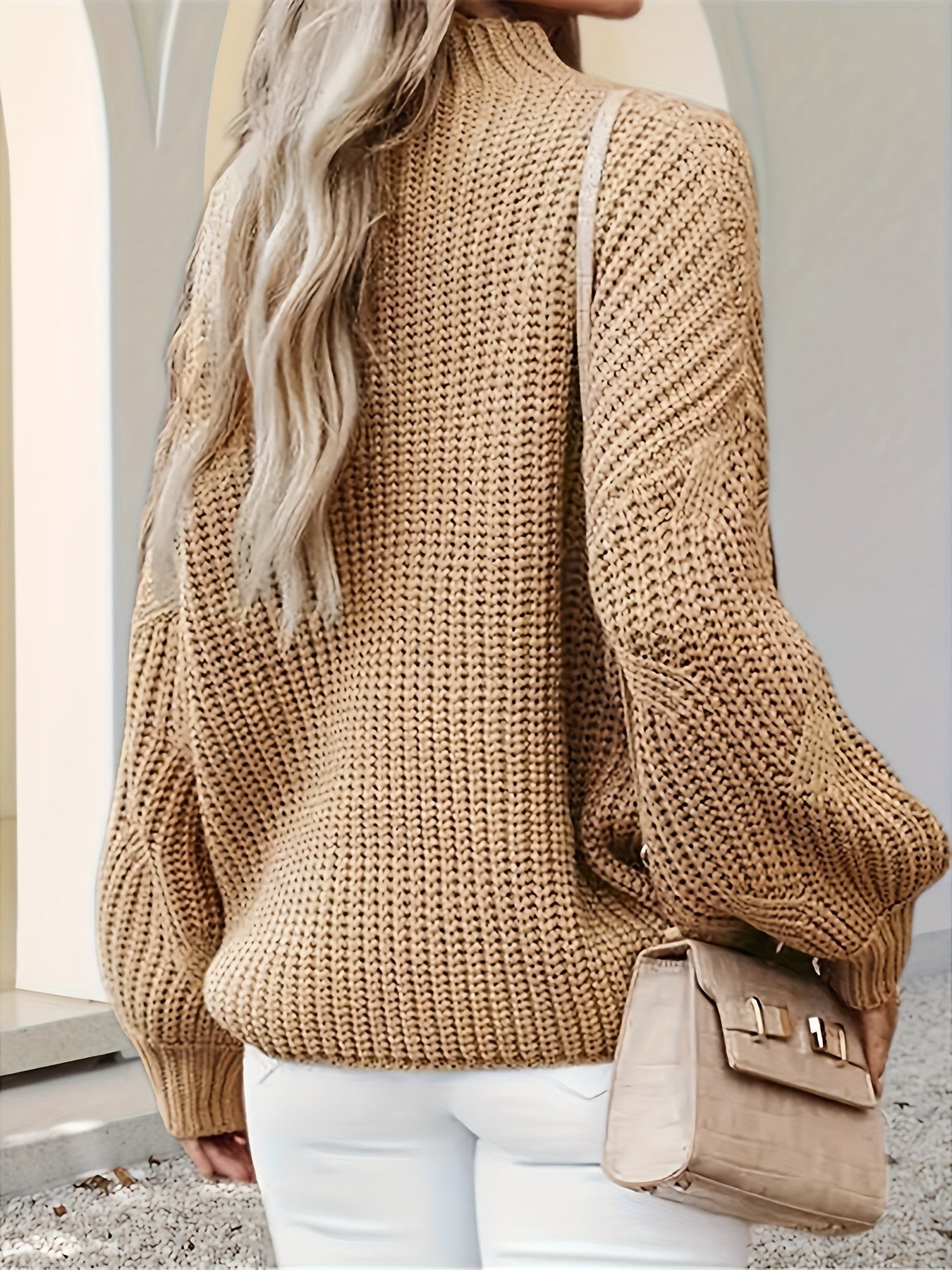 Solid Cable Lantern Sleeve Mock Neck Jumper