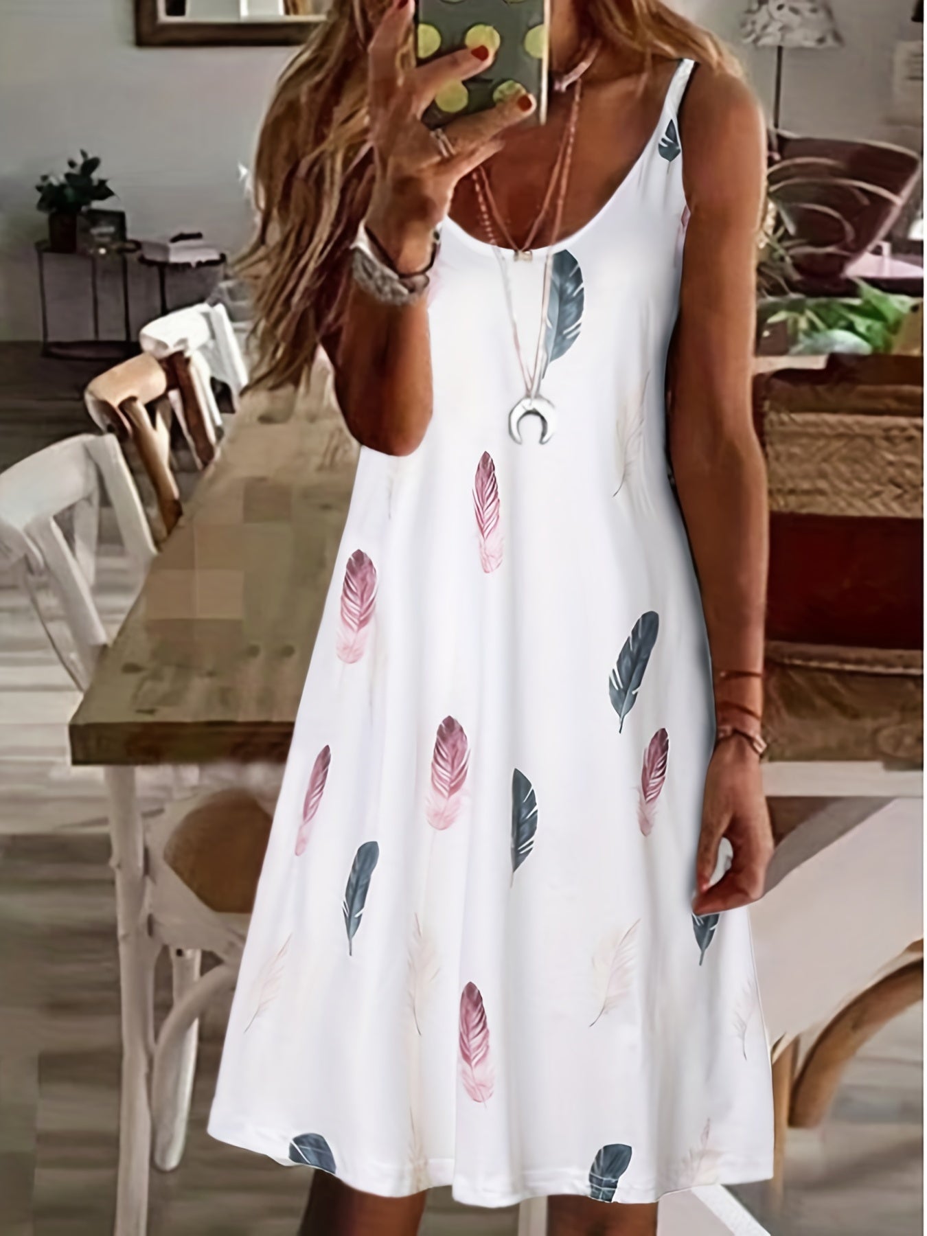 Feather Print Cami Dress Sexy Sleeveless Summer Midi Dress Women's Clothing