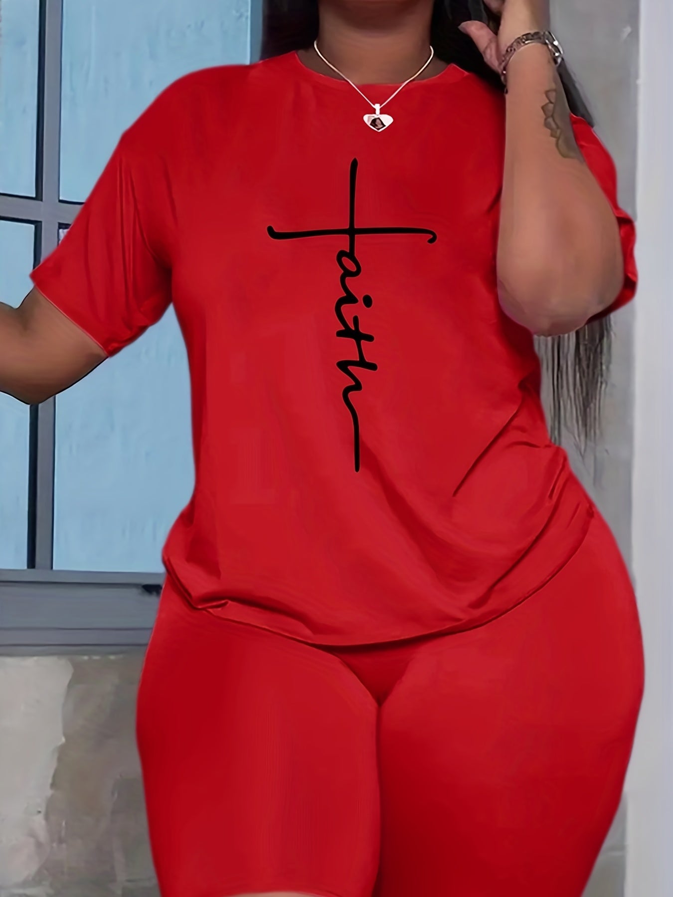 Faith Print 2pc Set Short Sleeve T Shirt & Biker Shorts Outfit Women's Clothing
