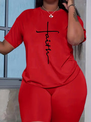 Faith Print 2pc Set Short Sleeve T Shirt & Biker Shorts Outfit Women's Clothing