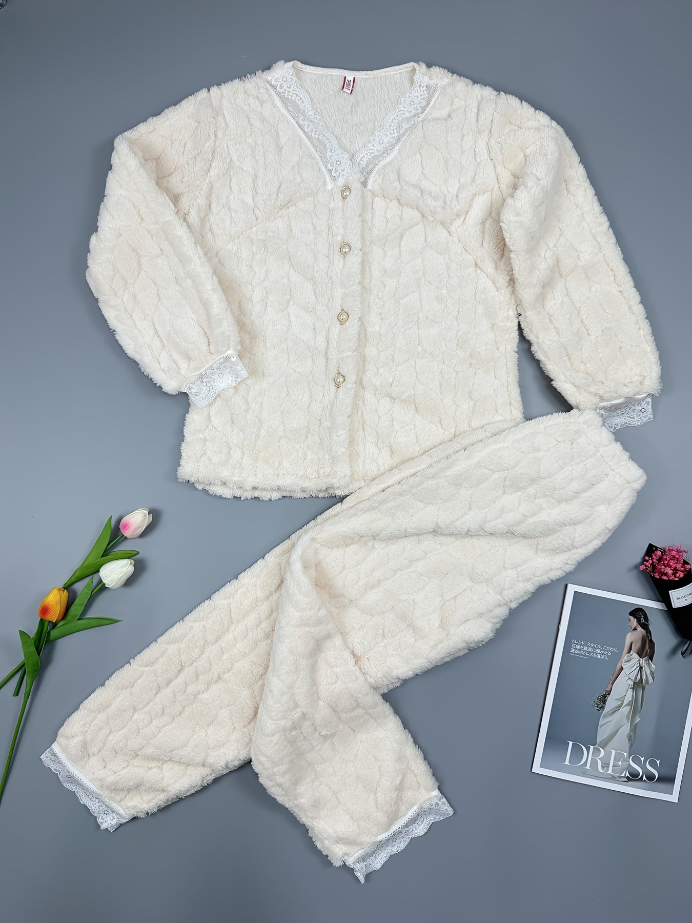 Lace Trim Fuzzy Pajama Set Women's Sleepwear & Loungewear