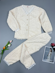 Lace Trim Fuzzy Pajama Set Women's Sleepwear & Loungewear