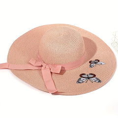 Pink Butterfly Embroidery Sun Hat Wide Brim Straw Beach Hat