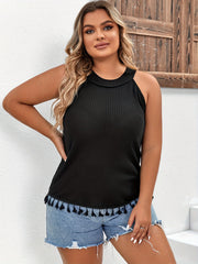 Casual Ribbed Halter Neck Tank Top with Fringe Trim