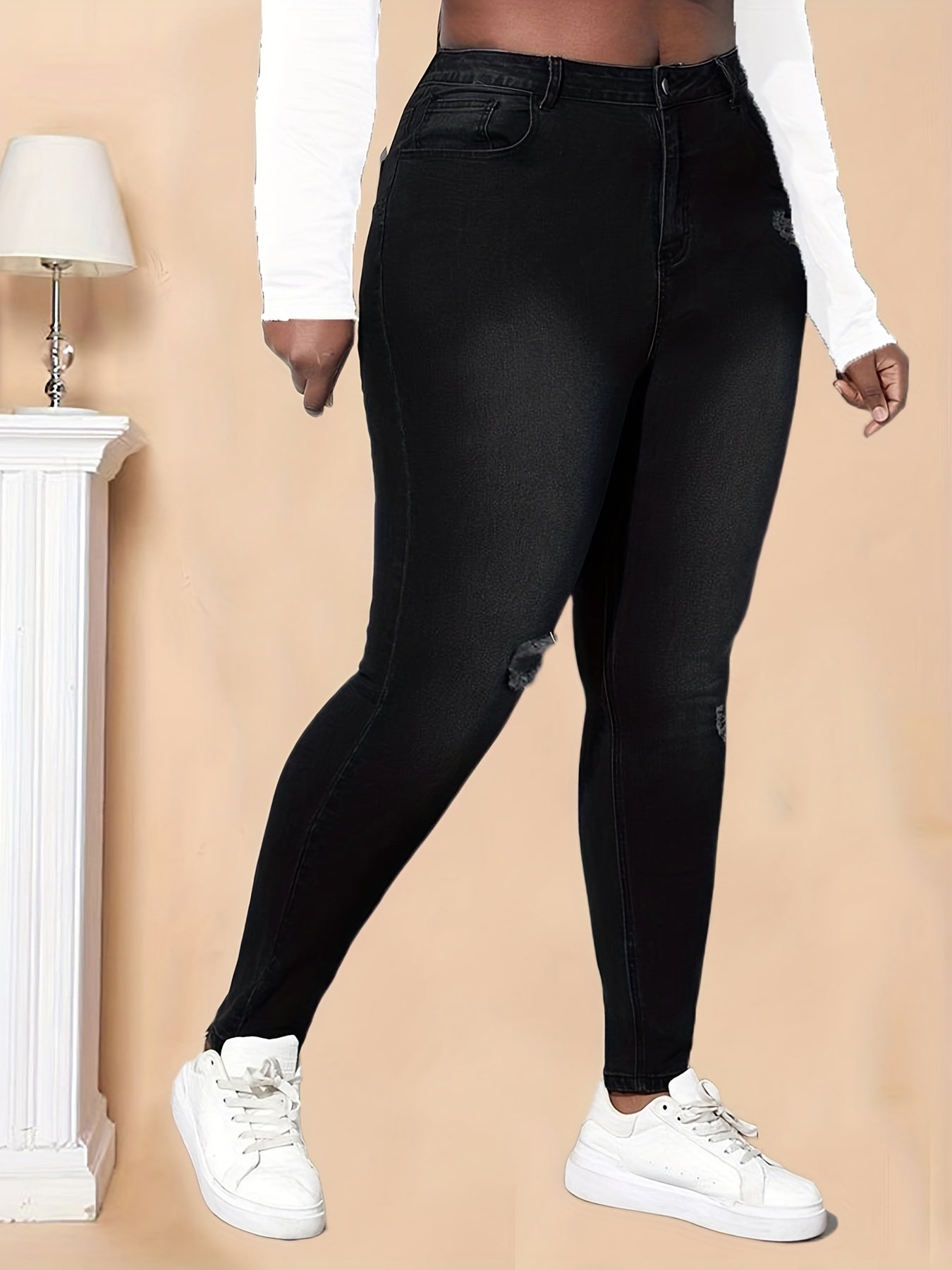 High Rise Ripped Skinny Jeans Women's Plus Denim Pants