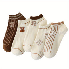 5 Pairs Cartoon Bear Print Ankle Socks Women's Stockings