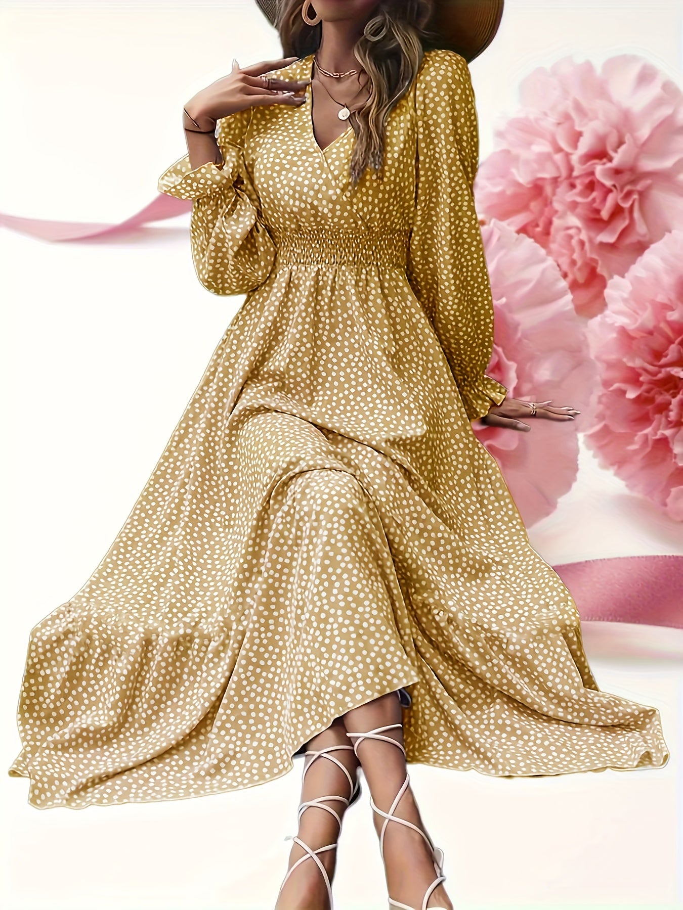 Polka Dot Long Sleeve Pleated Dress