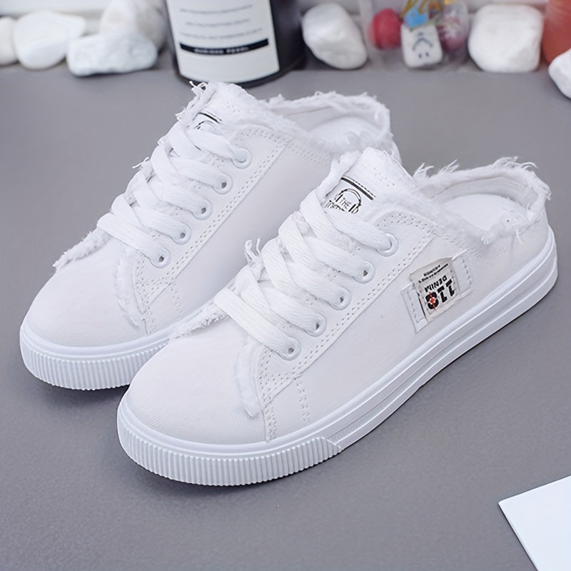 Women's Letter Patched Mules Sneakers Lace Up Raw Trim Canvas Shoes