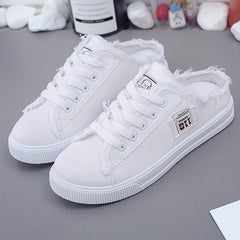 Women's Letter Patched Mules Sneakers Lace Up Raw Trim Canvas Shoes