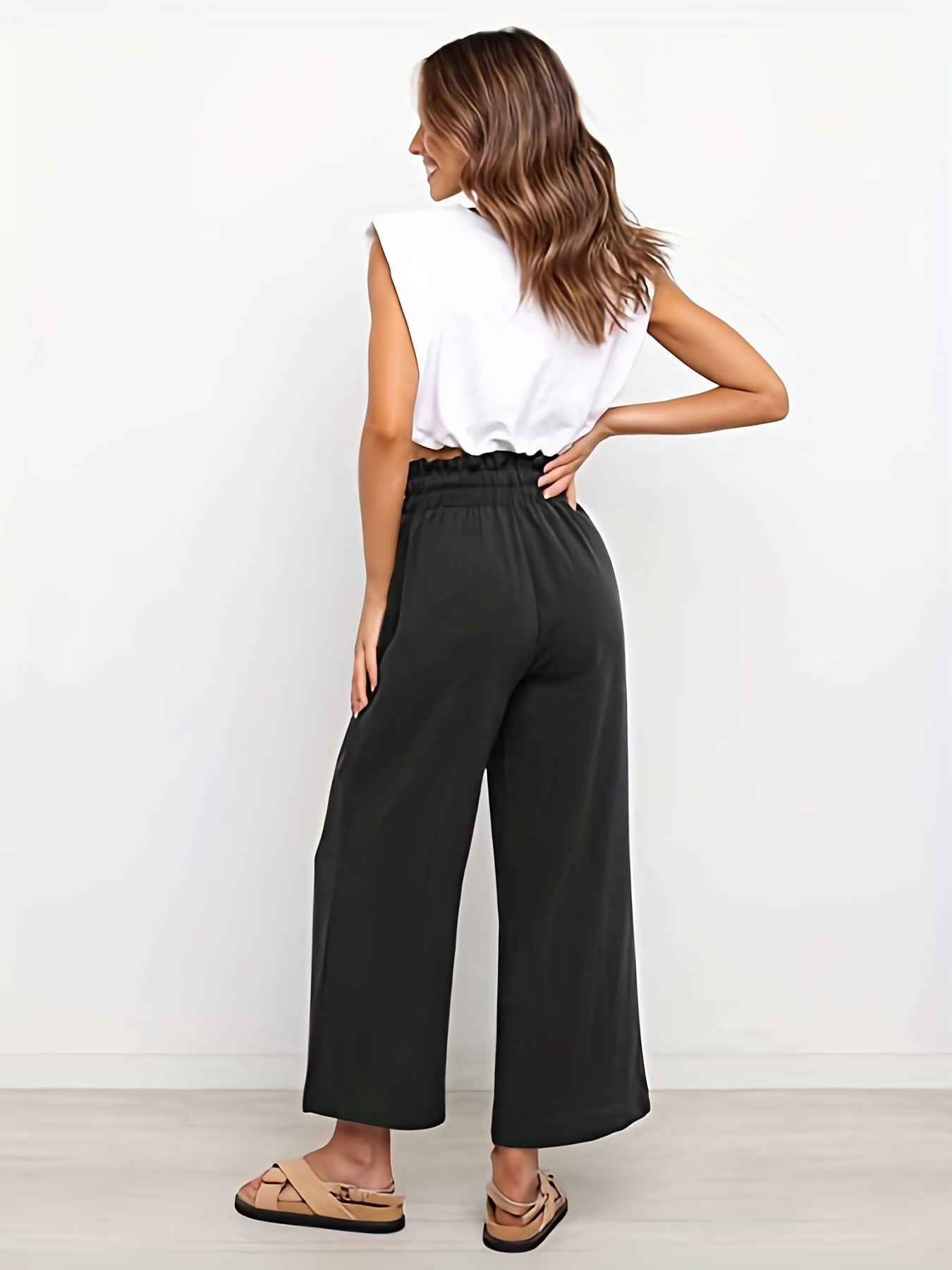 Solid Button Wide Leg Pants Casual Paper Bag Waist Pants