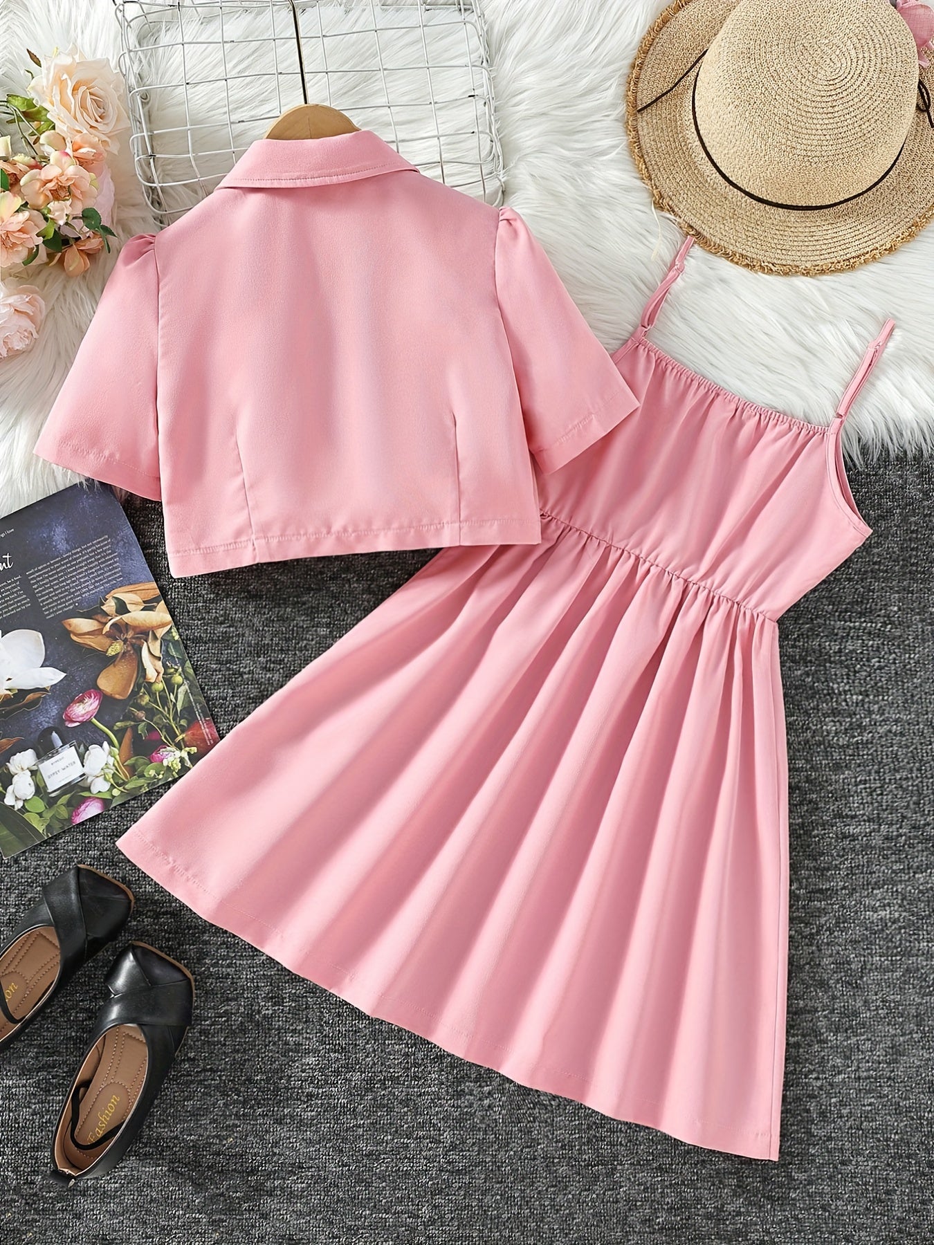 Girls' 2 Piece Outfits Pink Cami Dress & Collared Button Down T Shirt Set