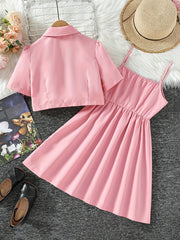 Girls' 2 Piece Outfits Pink Cami Dress & Collared Button Down T Shirt Set