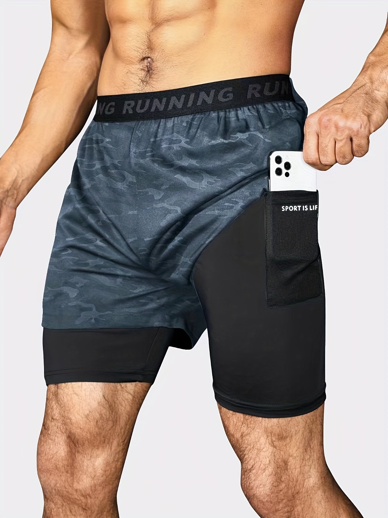 Men's 2-Layer Gym Running Shorts w/ Pockets Breathable Quick Dry