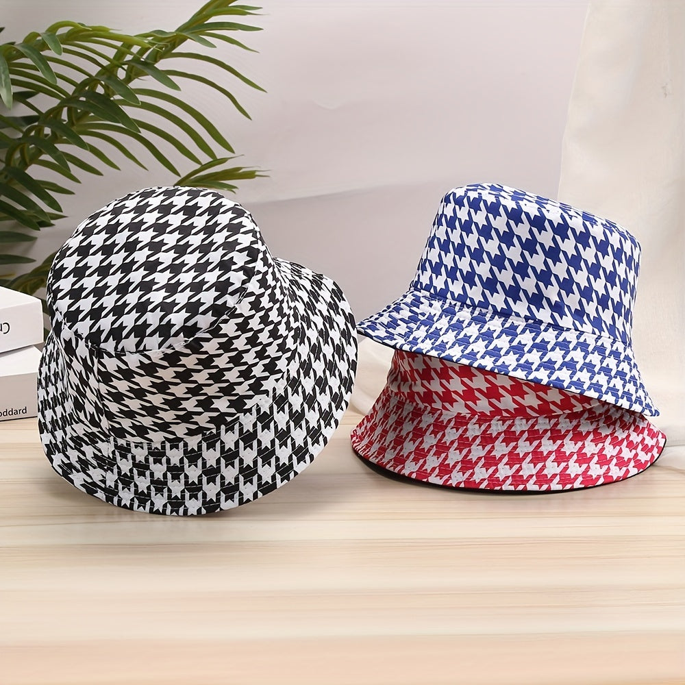 Houndstooth Print Reversible Bucket Hat Lightweight Fisherman Cap