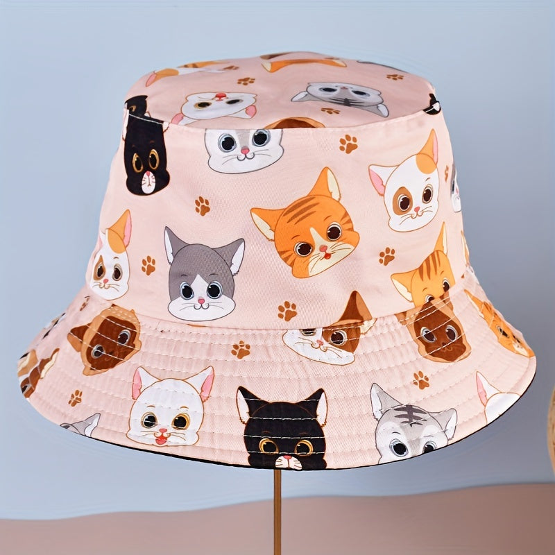 Kids Sunshade Bucket Hat With Cat Print
