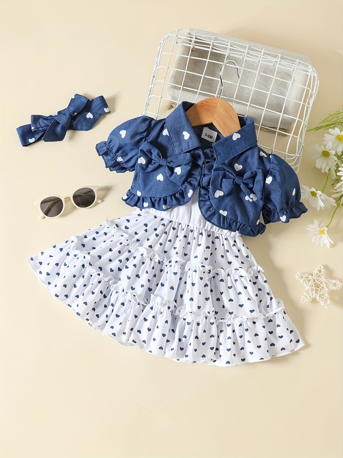 3pcs Girls Polka Dot Top & Dress Set with Headband