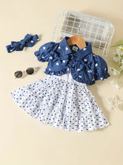 3pcs Girls Polka Dot Top & Dress Set with Headband