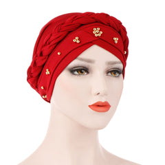 Soft Turban Cap Women Braid Beads Decor Hijab Head Scarf Hat