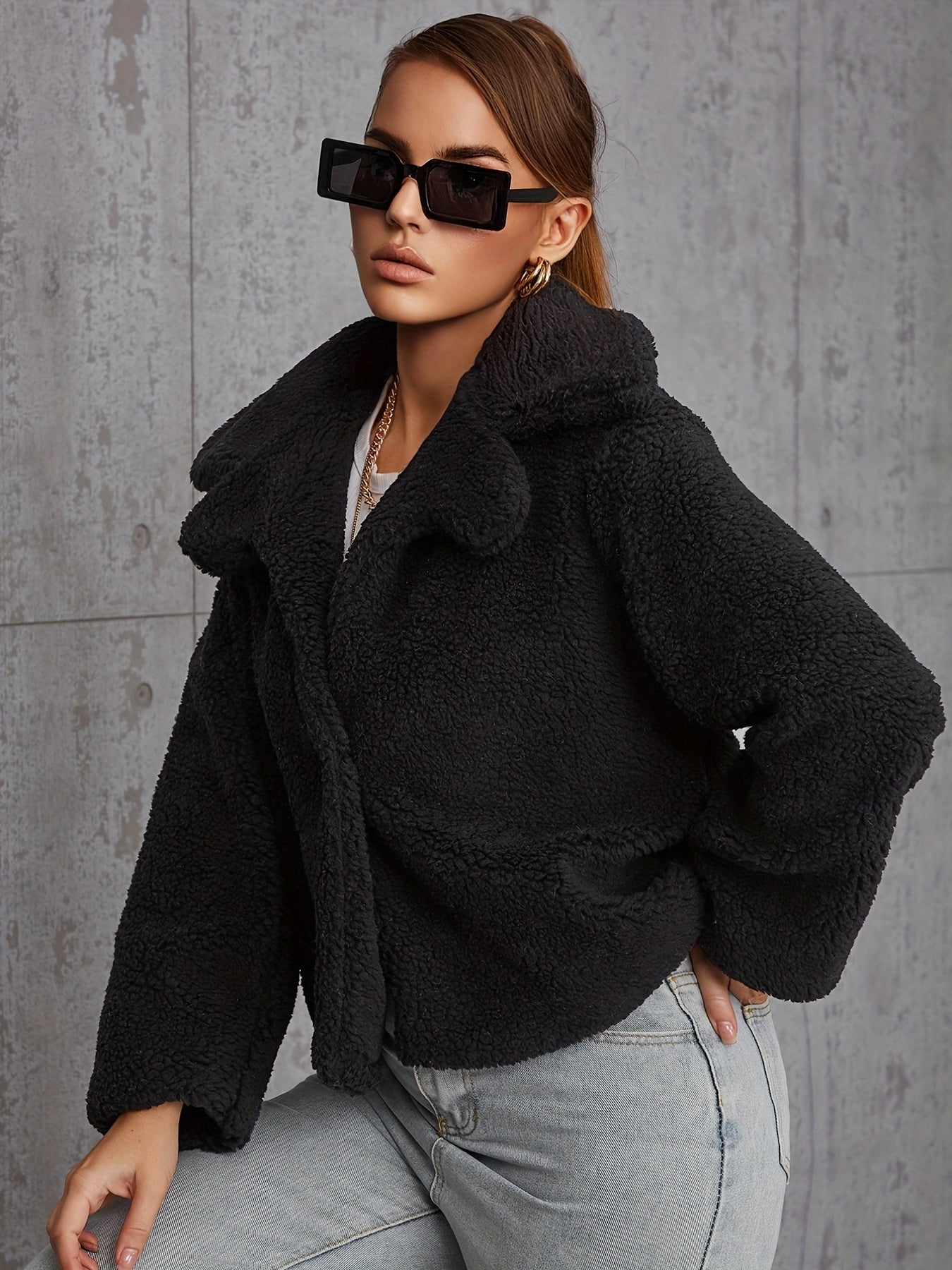 Plush Button Front Jacket Casual Loose Outwear