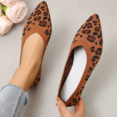 Leopard Pattern Ballet Shoes Pointed Toe Knitting Flat Slip On Shoes