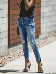 Women's Ripped Stretchy Button Fly Pocket Slim Fit Jeans