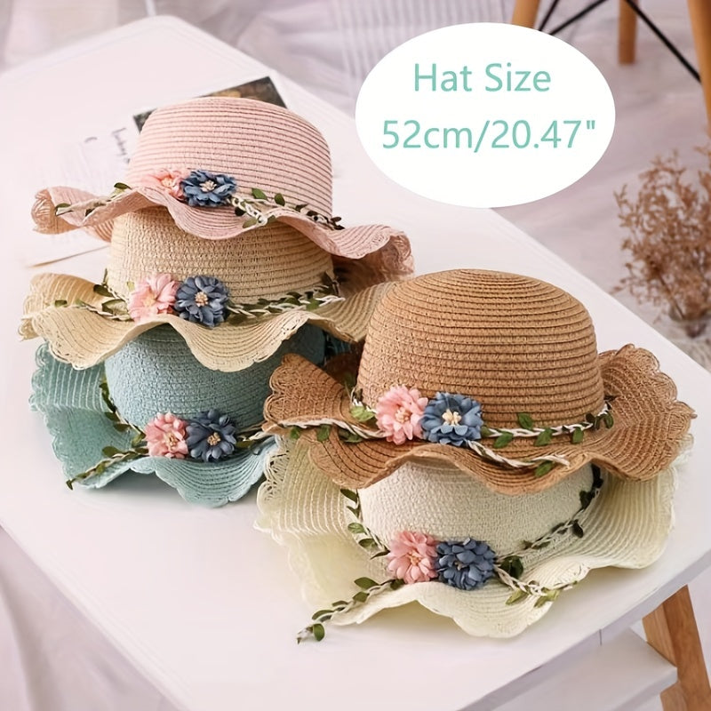 Kids' Straw Sun Hat & Bag Set Floral Lace Trim Beach Hat Summer Outdoor Hat