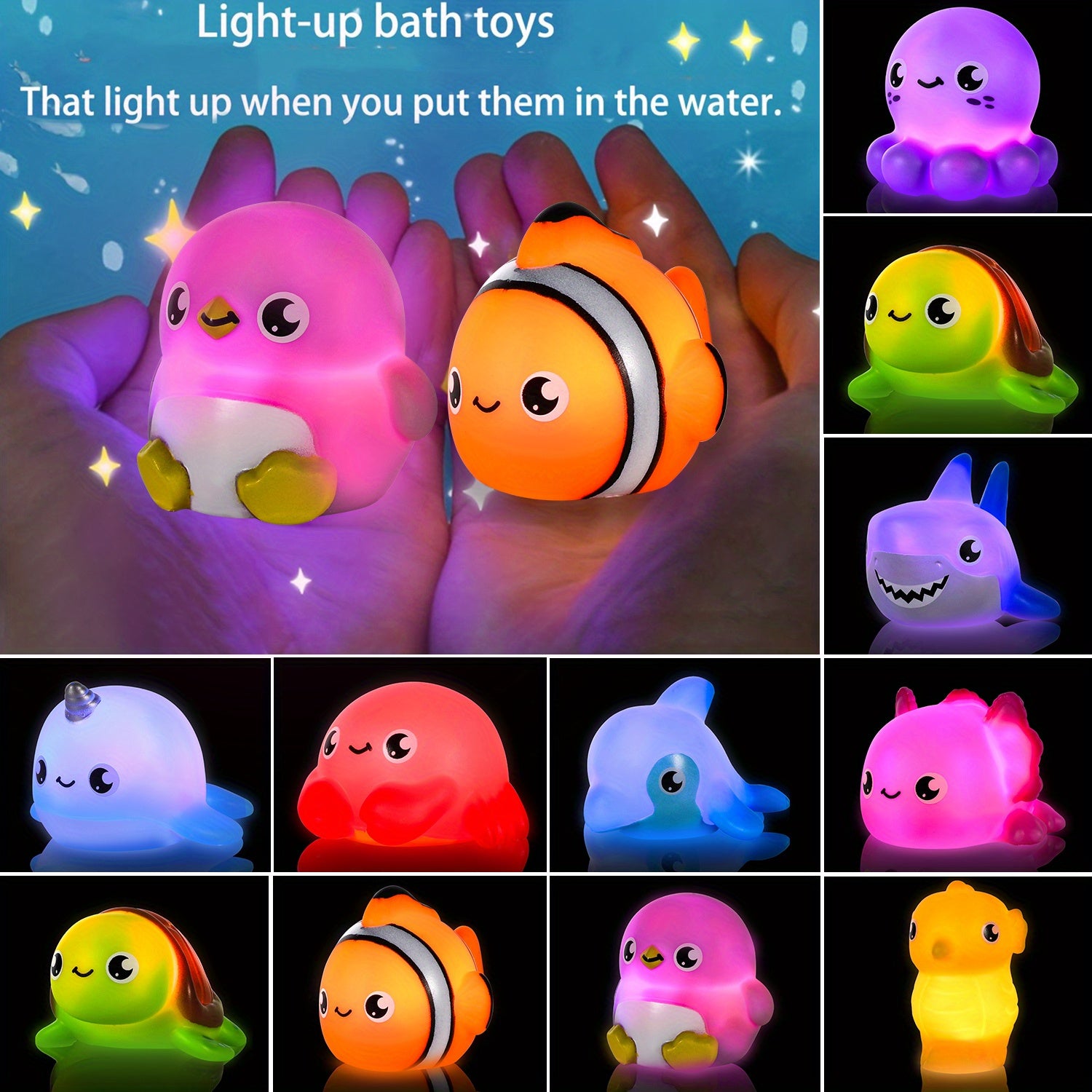 10pcs Light Up Sea Animals Bath Toys Set Glitter Colorful Bathtub Floating Toys