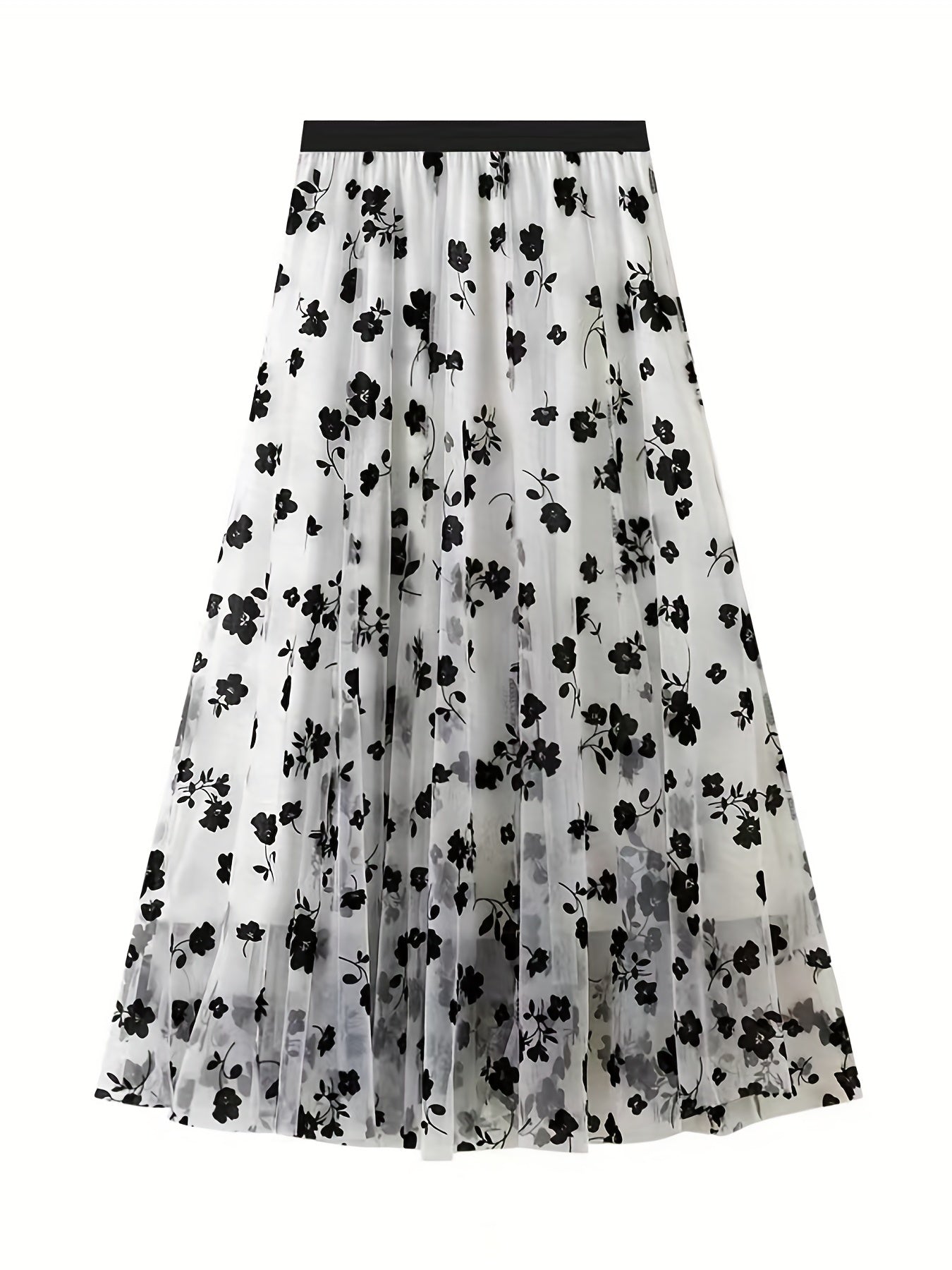 Plant Print Mesh Maxi Skirt High Waist Women's Clothing