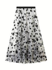 Plant Print Mesh Maxi Skirt High Waist Women's Clothing