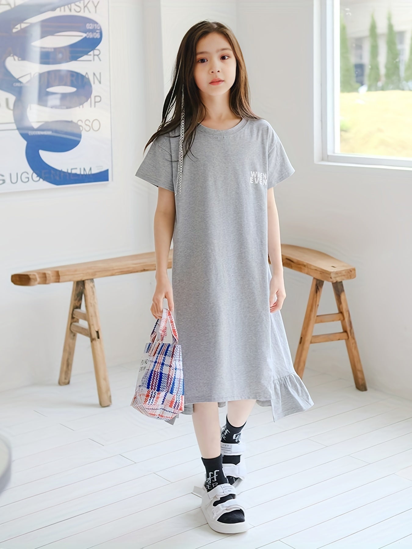Girl's Cotton Tee Dress Short Sleeve Crew Neck Dress For Summer