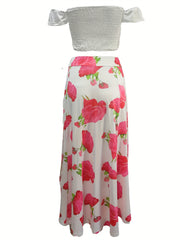 Spring & Summer 2pc Set Off Shoulder Tops & Floral Print Skirts Outfit