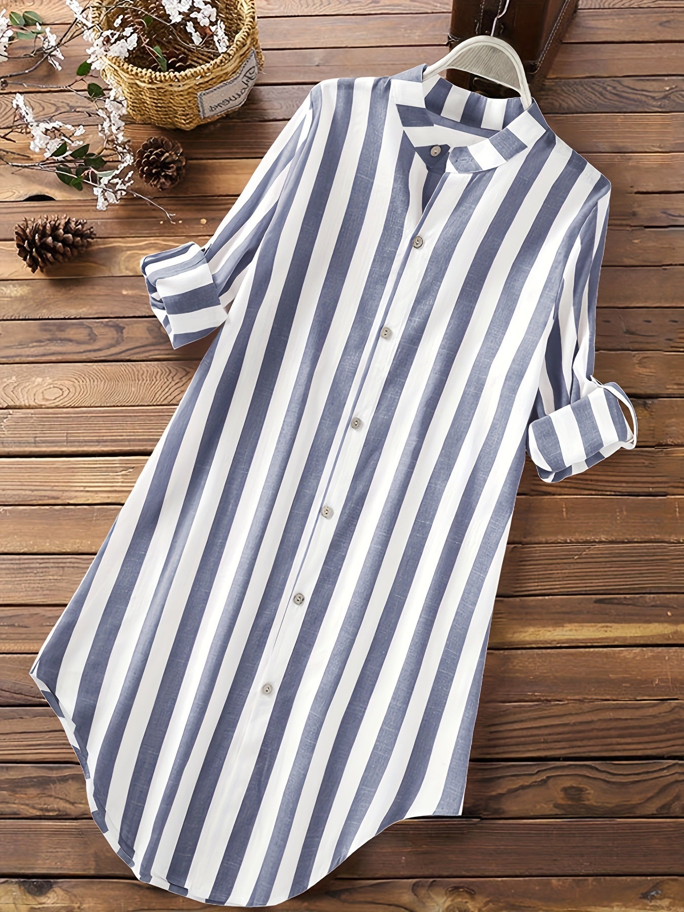 Stripe Print Long Sleeve Mock Neck Tunic Shirt